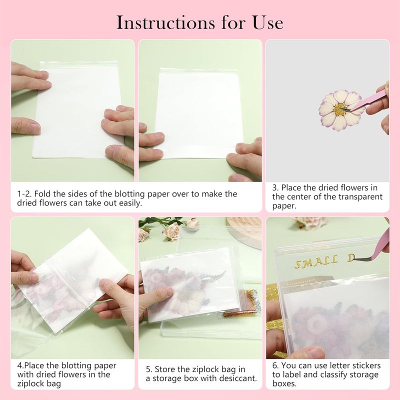 Aboofx 6PCS Dried Flower Storage Set with Blotting Paper, Ziplock Bag and Desiccant, Flower Preservation Kit - Good Seal, High Capacity to Keep Flowers Color and Dry (4pcs 6.5"x2.7" + 2pcs 10"x7") - Image 4